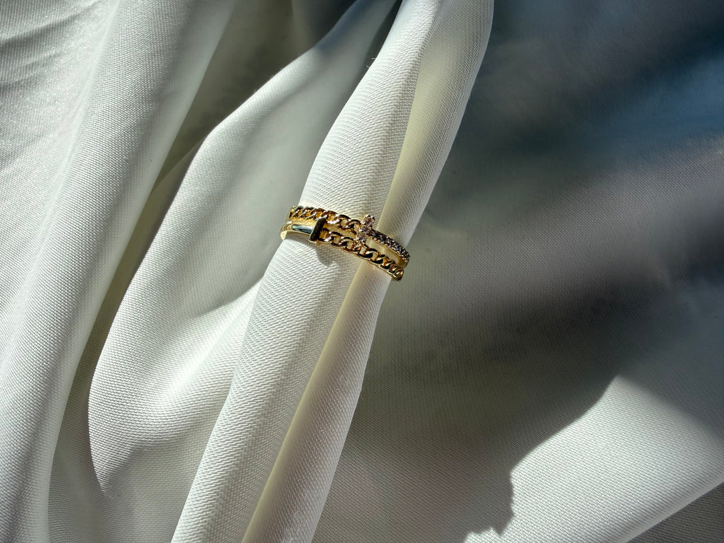 Zincirli Zirkon Taşlı Ayarlanabilir Çelik Yüzük