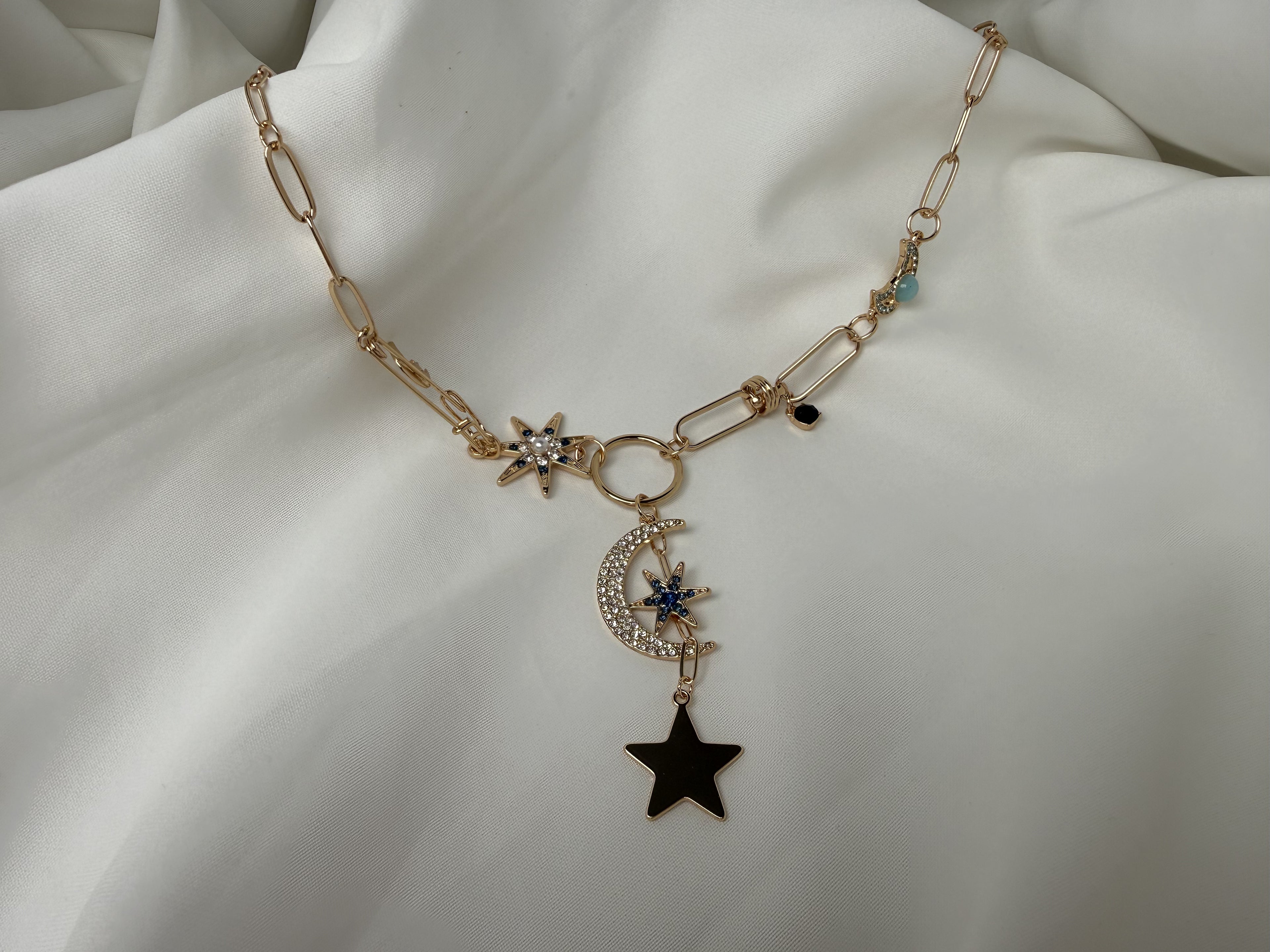 Çelik Ay Yıldız Kuzey Yıldızı Taşlı Charmlı Y Kolye