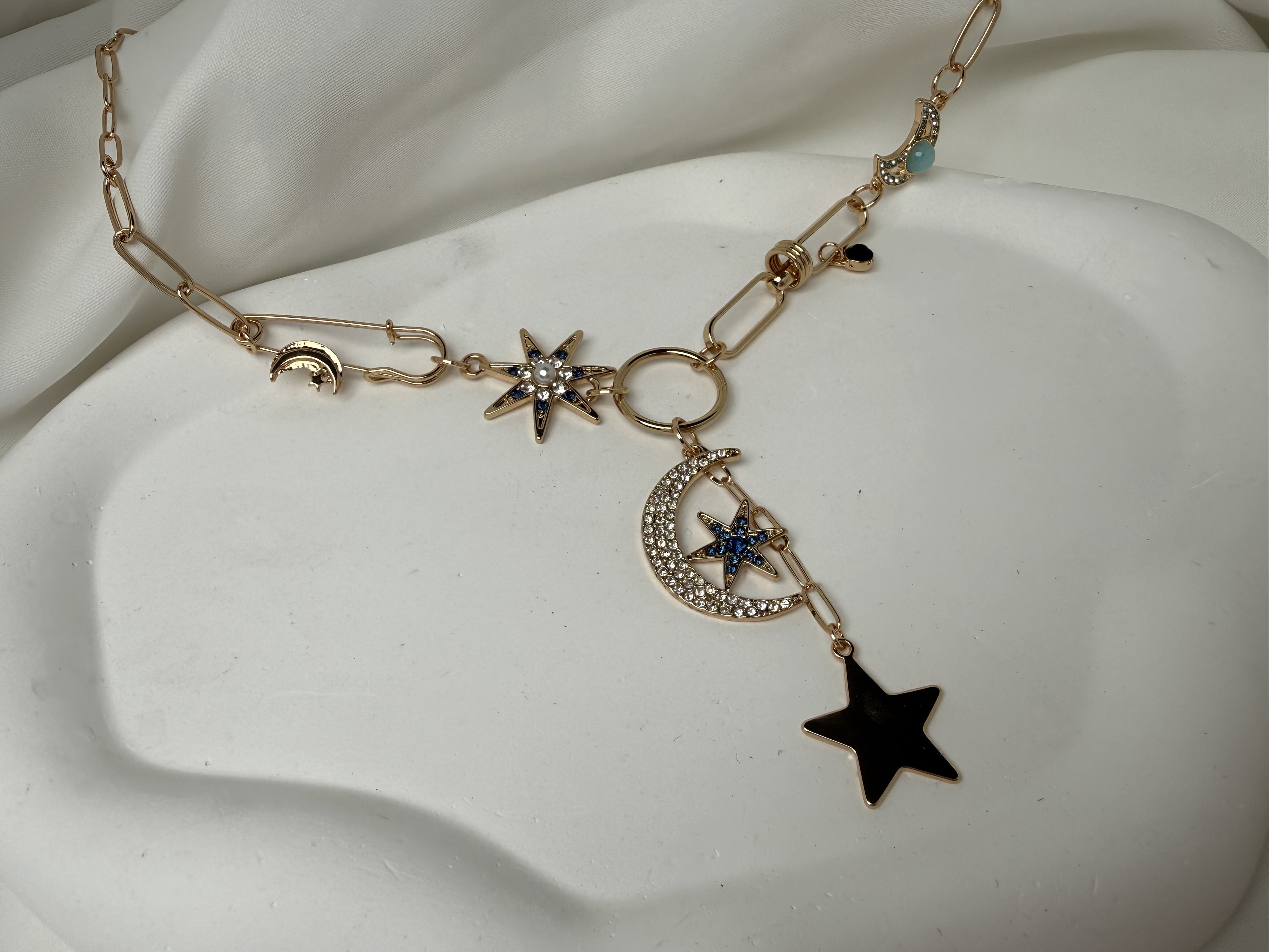 Çelik Ay Yıldız Kuzey Yıldızı Taşlı Charmlı Y Kolye