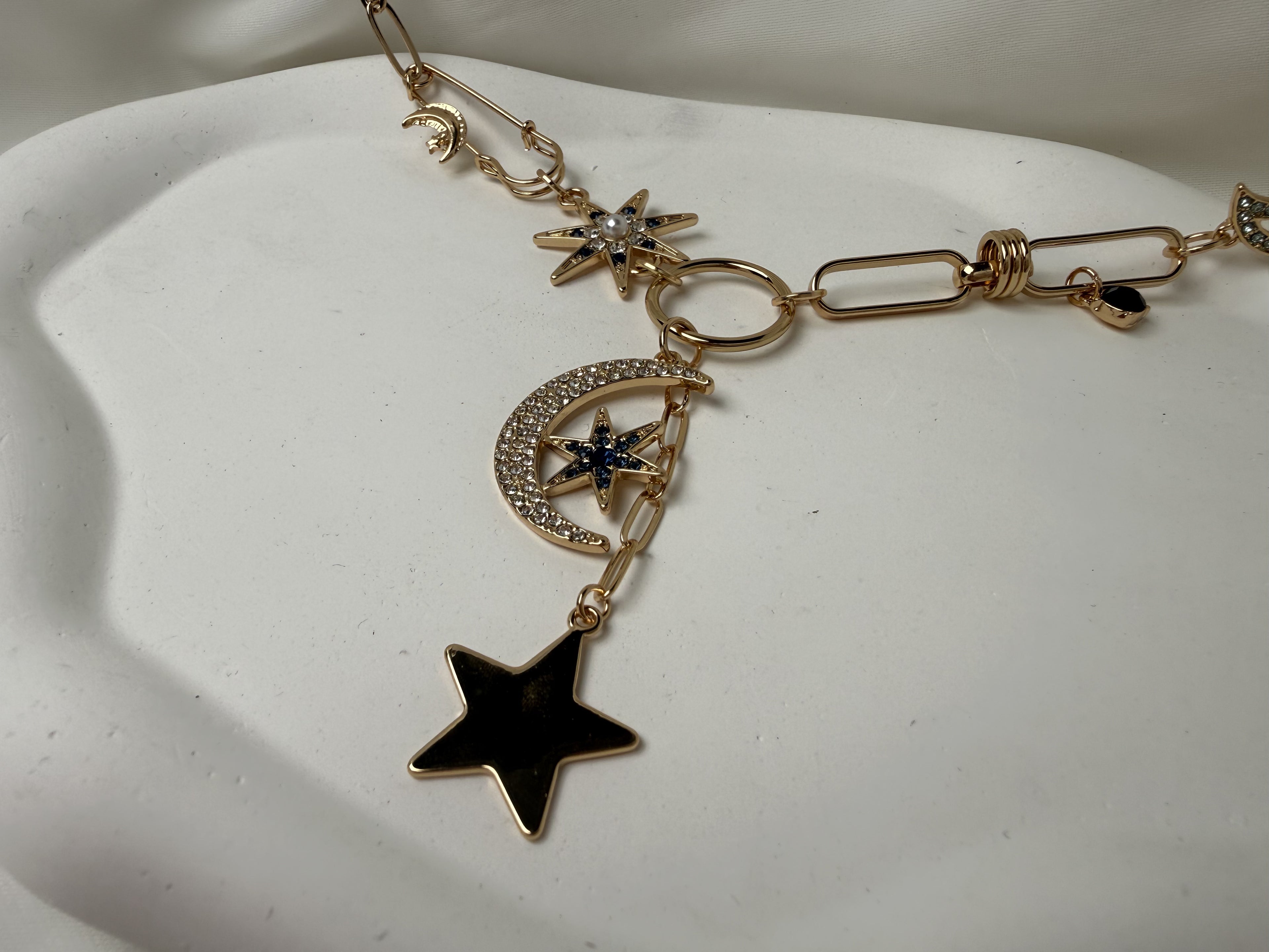 Çelik Ay Yıldız Kuzey Yıldızı Taşlı Charmlı Y Kolye