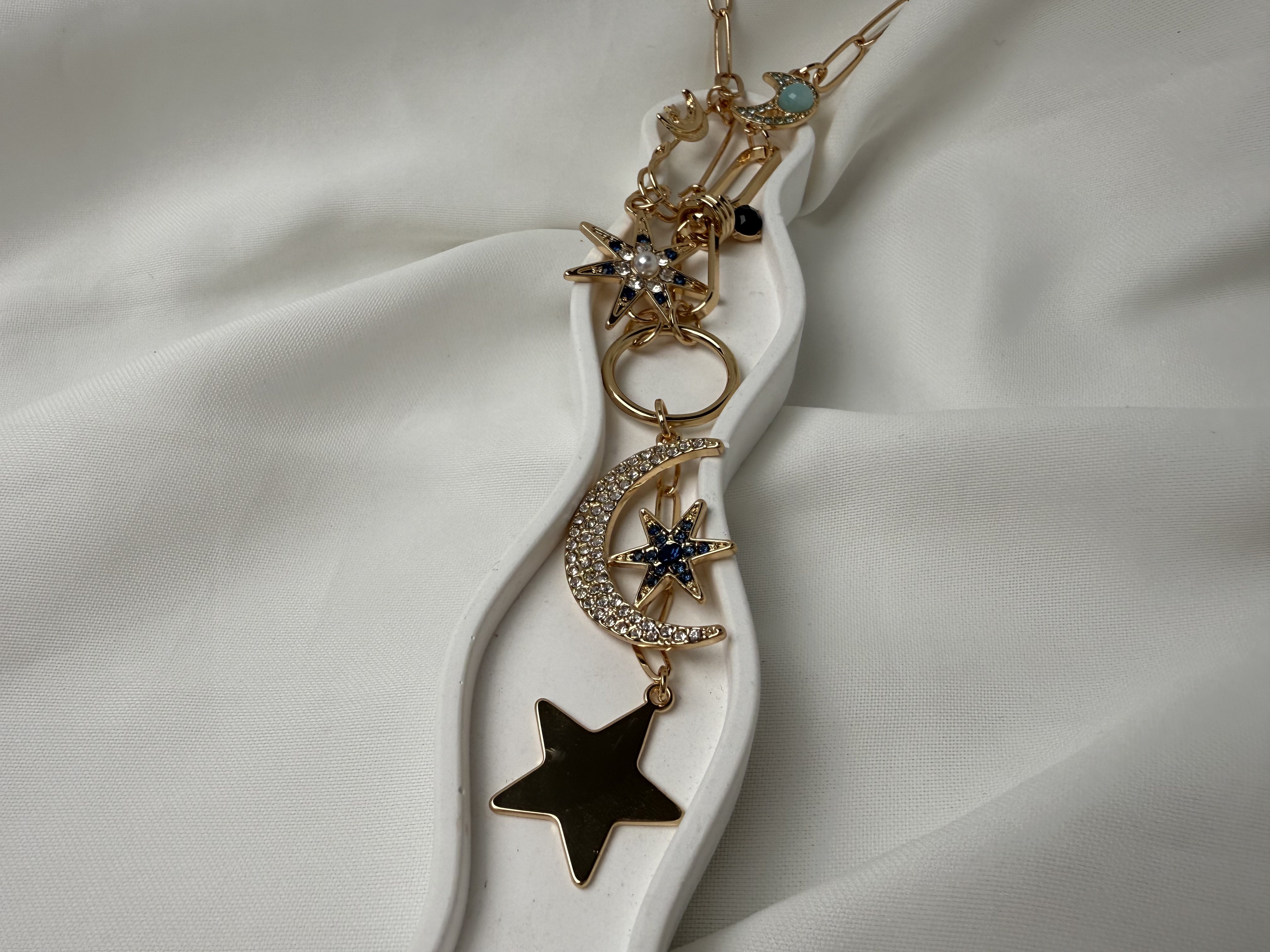 Çelik Ay Yıldız Kuzey Yıldızı Taşlı Charmlı Y Kolye