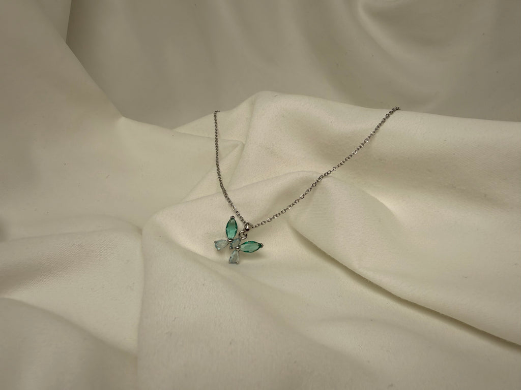 Turkuaz ve Mavi Taşlı Kelebek Çelik Kolye