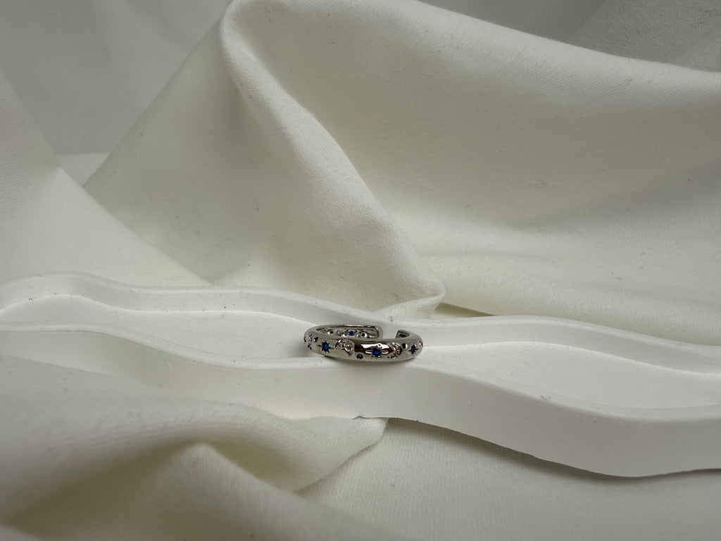 Yıldızlı Aylı İşlemeli Mavi Beyaz Taşlı Çelik Yüzük