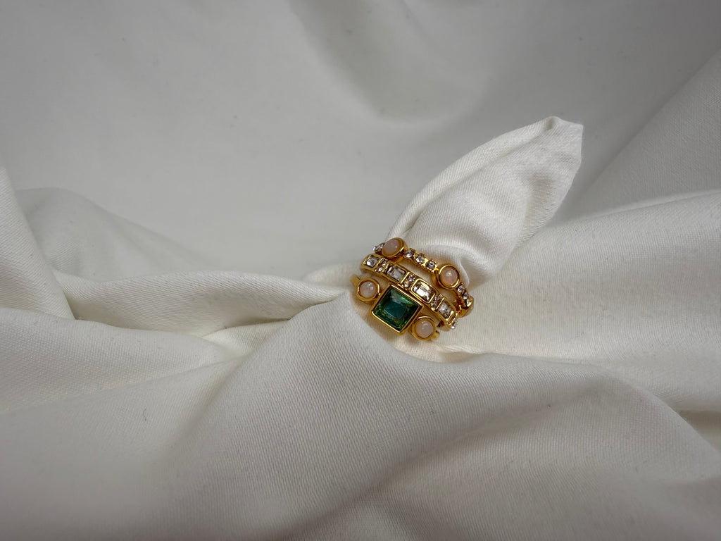 Renkli Taşlı Üçlü Kombin Çelik Yüzük