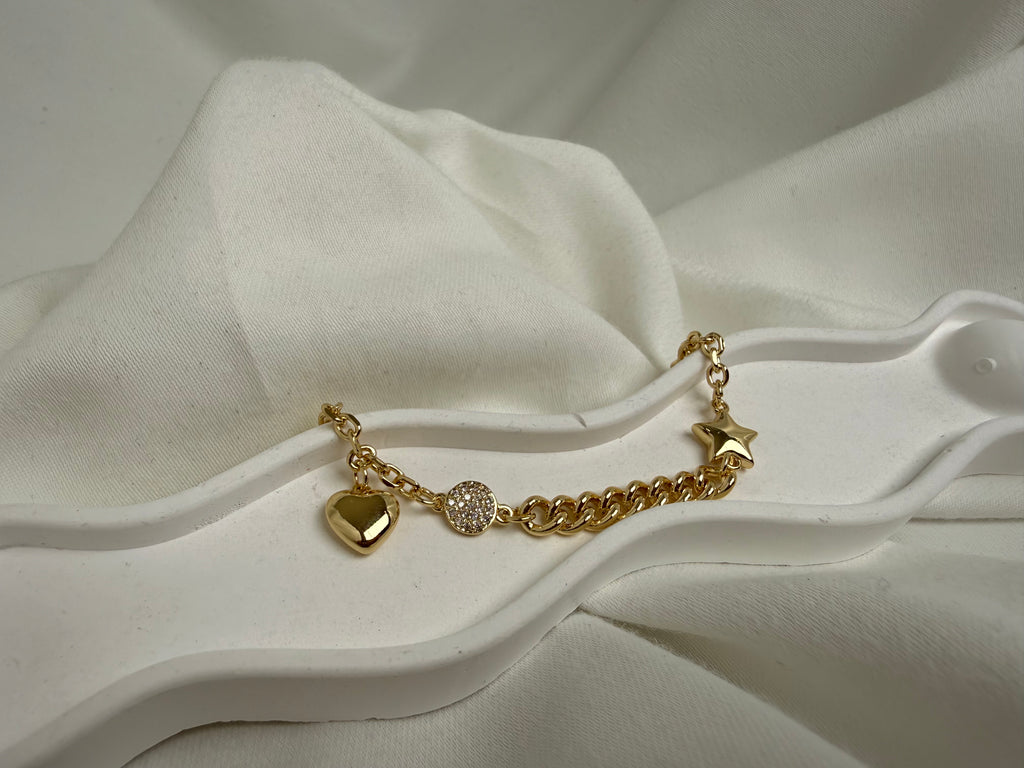 Sallantılı Kalp ve Yıldız Charmlı Çelik Zincir Bileklik