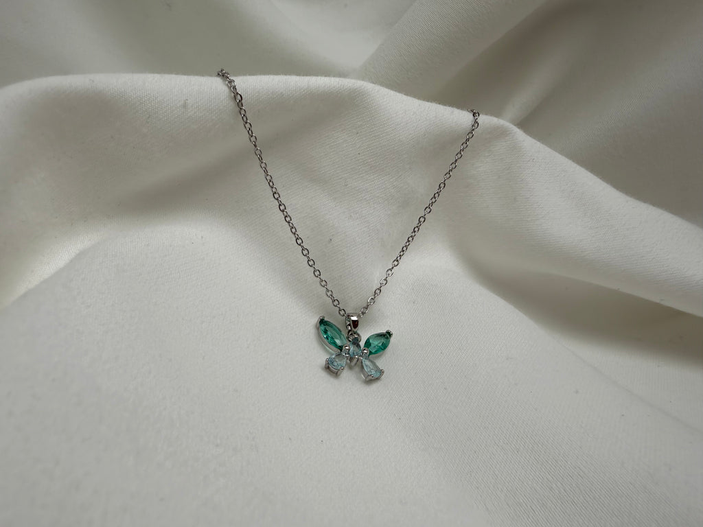 Turkuaz ve Mavi Taşlı Kelebek Çelik Kolye