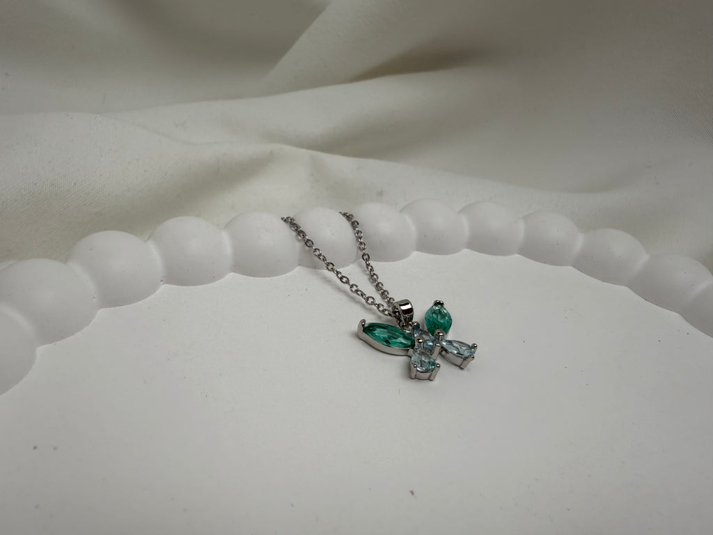 Turkuaz ve Mavi Taşlı Kelebek Çelik Kolye