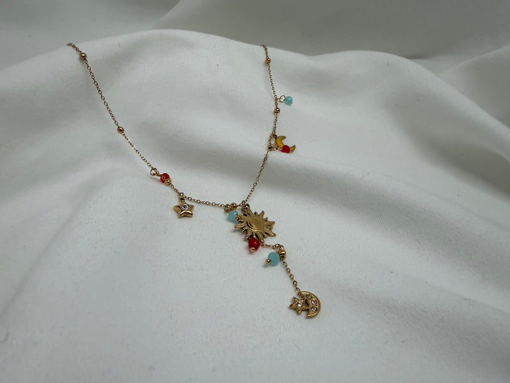 Güneş ve Ay Charmlı Renkli Boncuklu Çelik Y kolye
