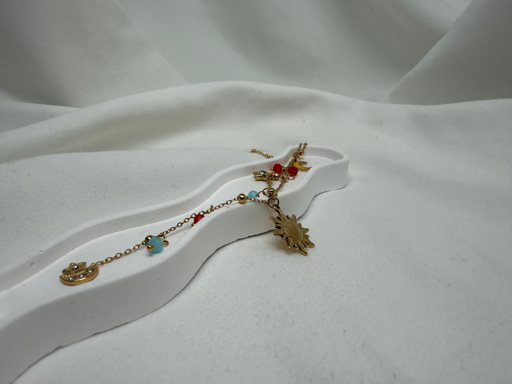 Güneş ve Ay Charmlı Renkli Boncuklu Çelik Y kolye