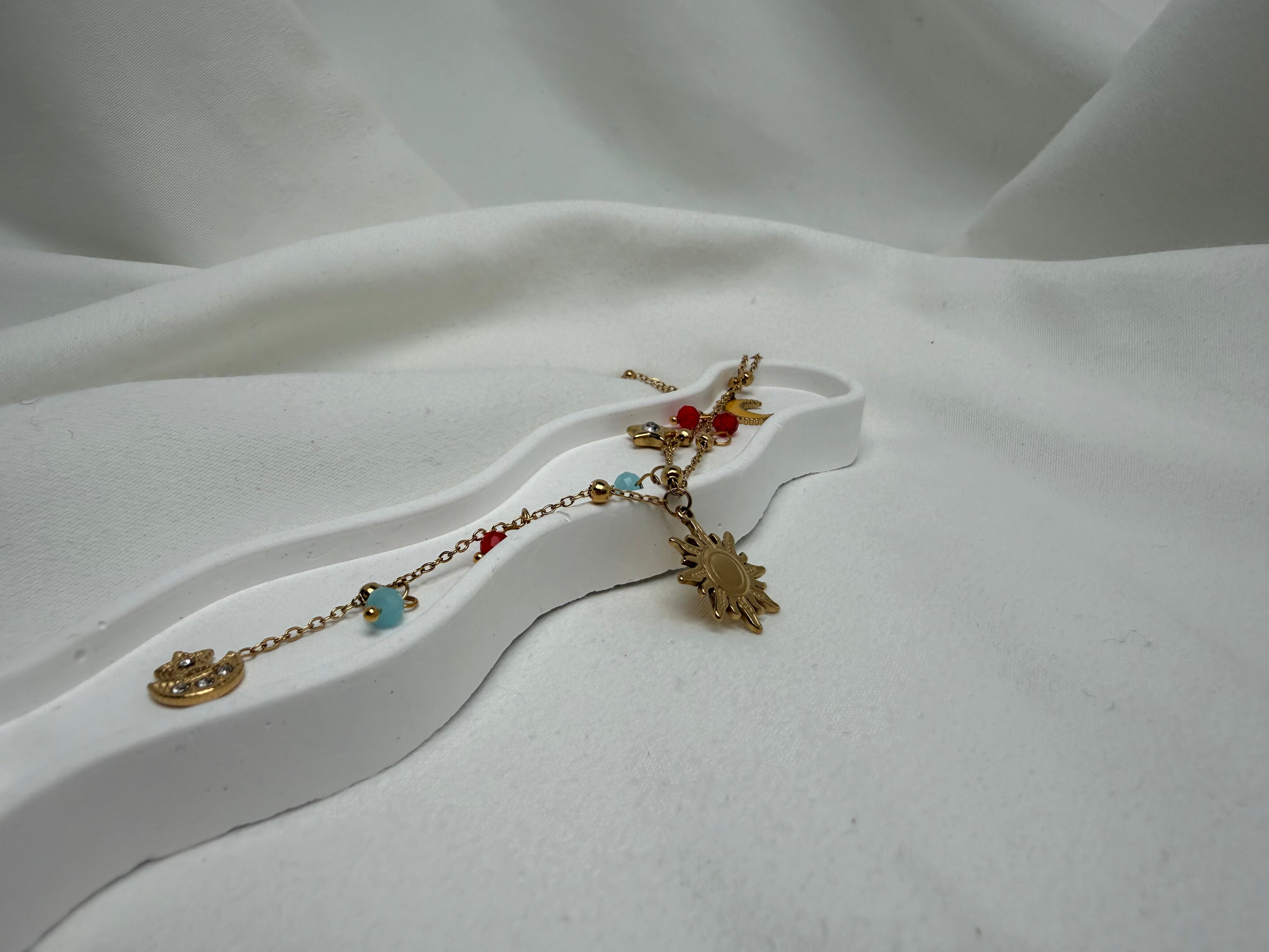 Güneş ve Ay Charmlı Renkli Boncuklu Çelik Y kolye