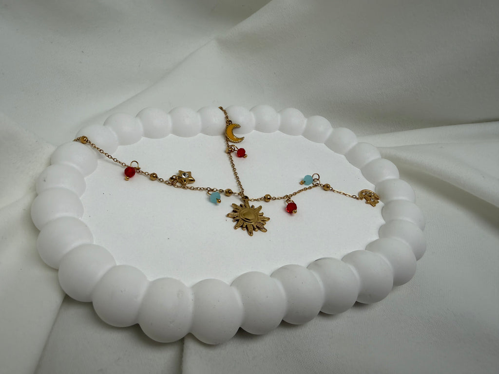 Güneş ve Ay Charmlı Renkli Boncuklu Çelik Y kolye