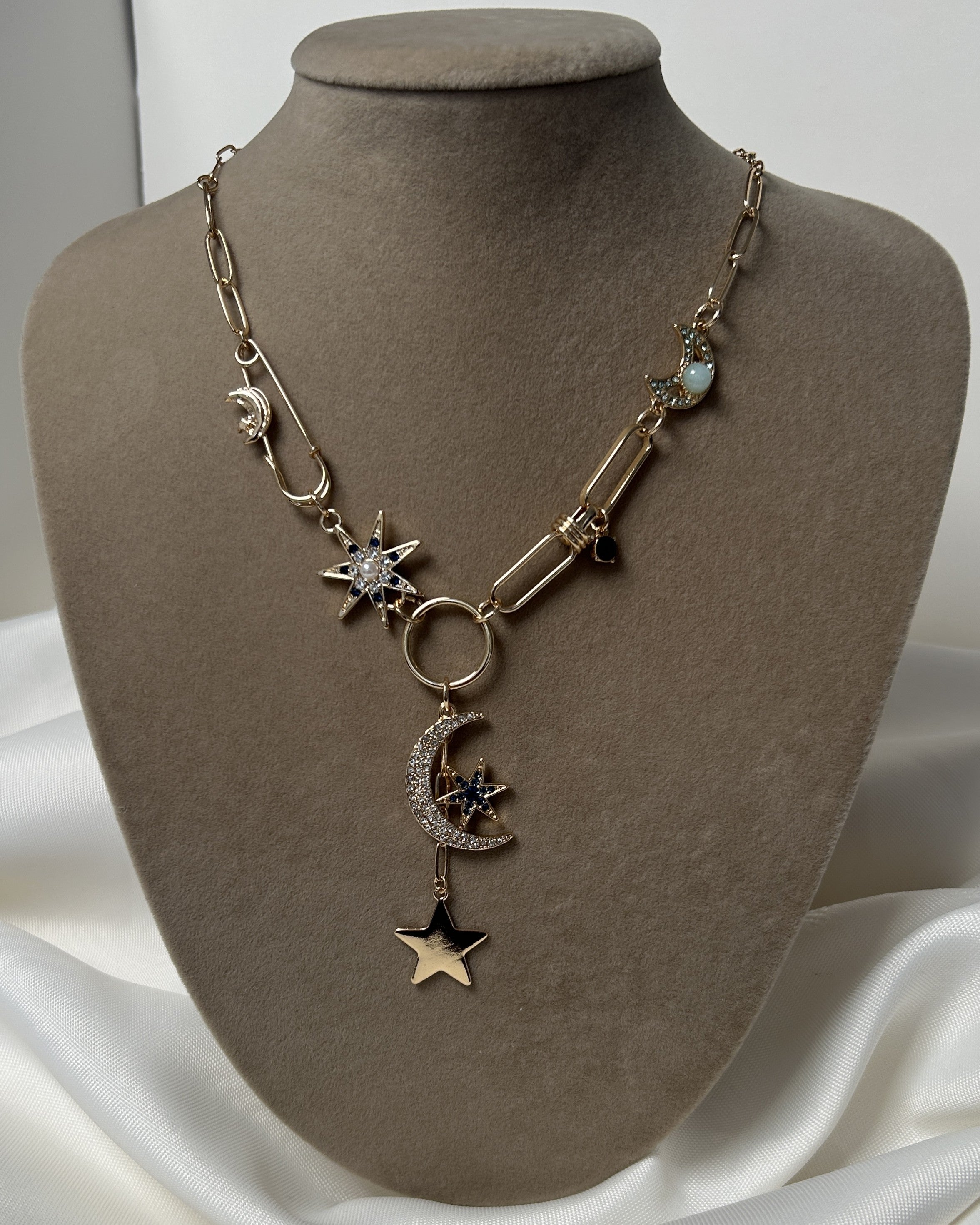 Çelik Ay Yıldız Kuzey Yıldızı Taşlı Charmlı Y Kolye