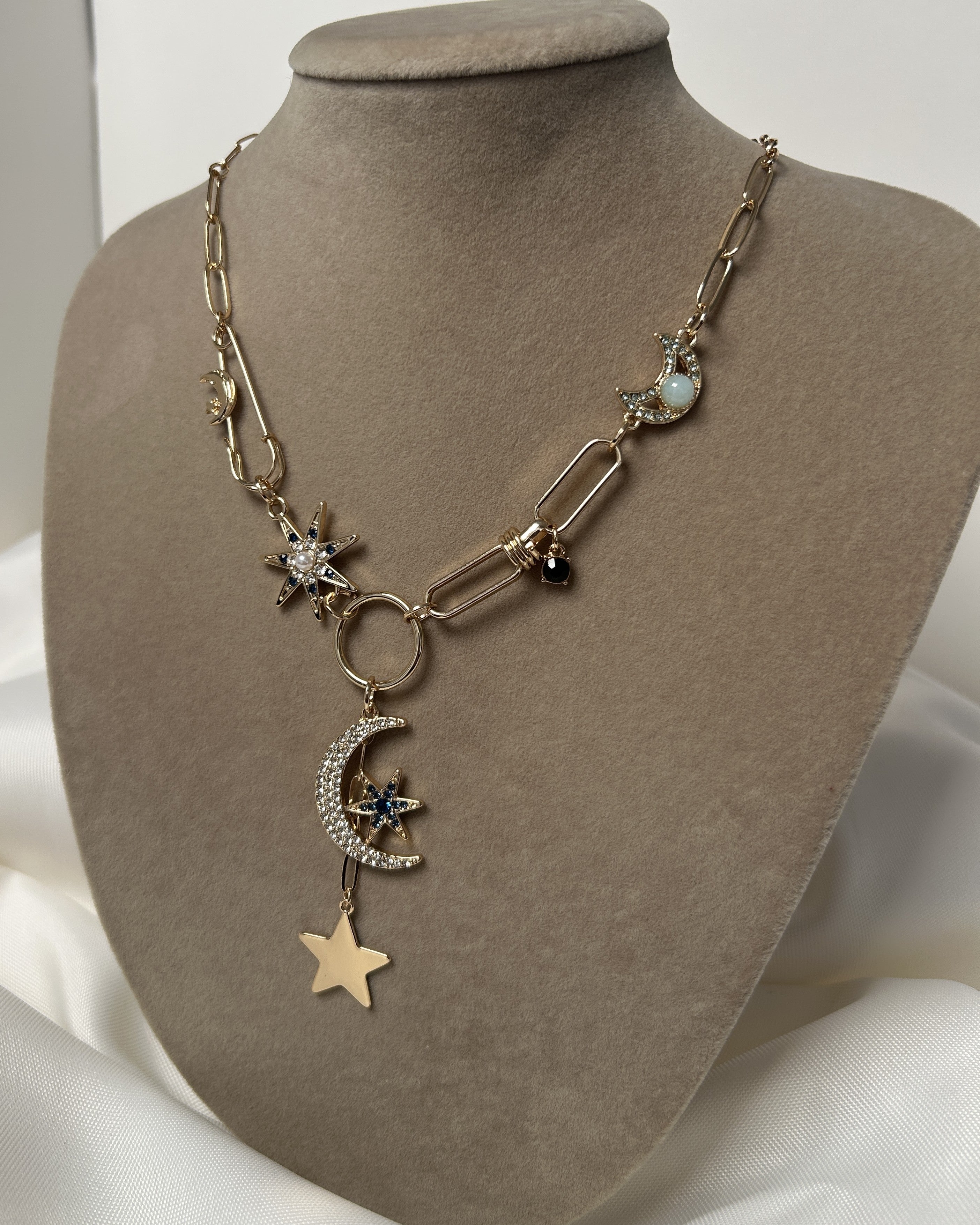 Çelik Ay Yıldız Kuzey Yıldızı Taşlı Charmlı Y Kolye