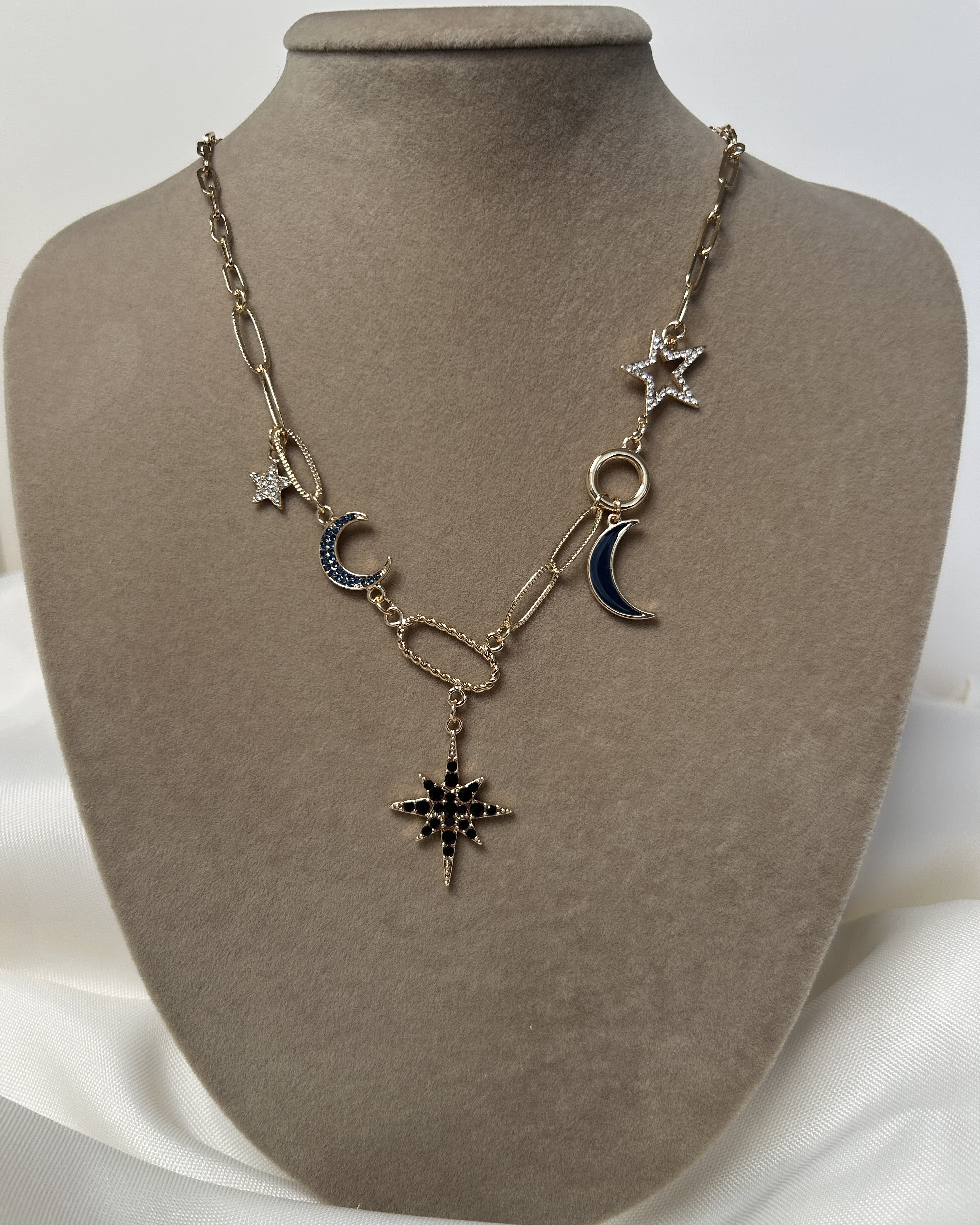 Çelik Ay Yıldız Kuzey Yıldızı Taşlı Charmlı Y Kolye