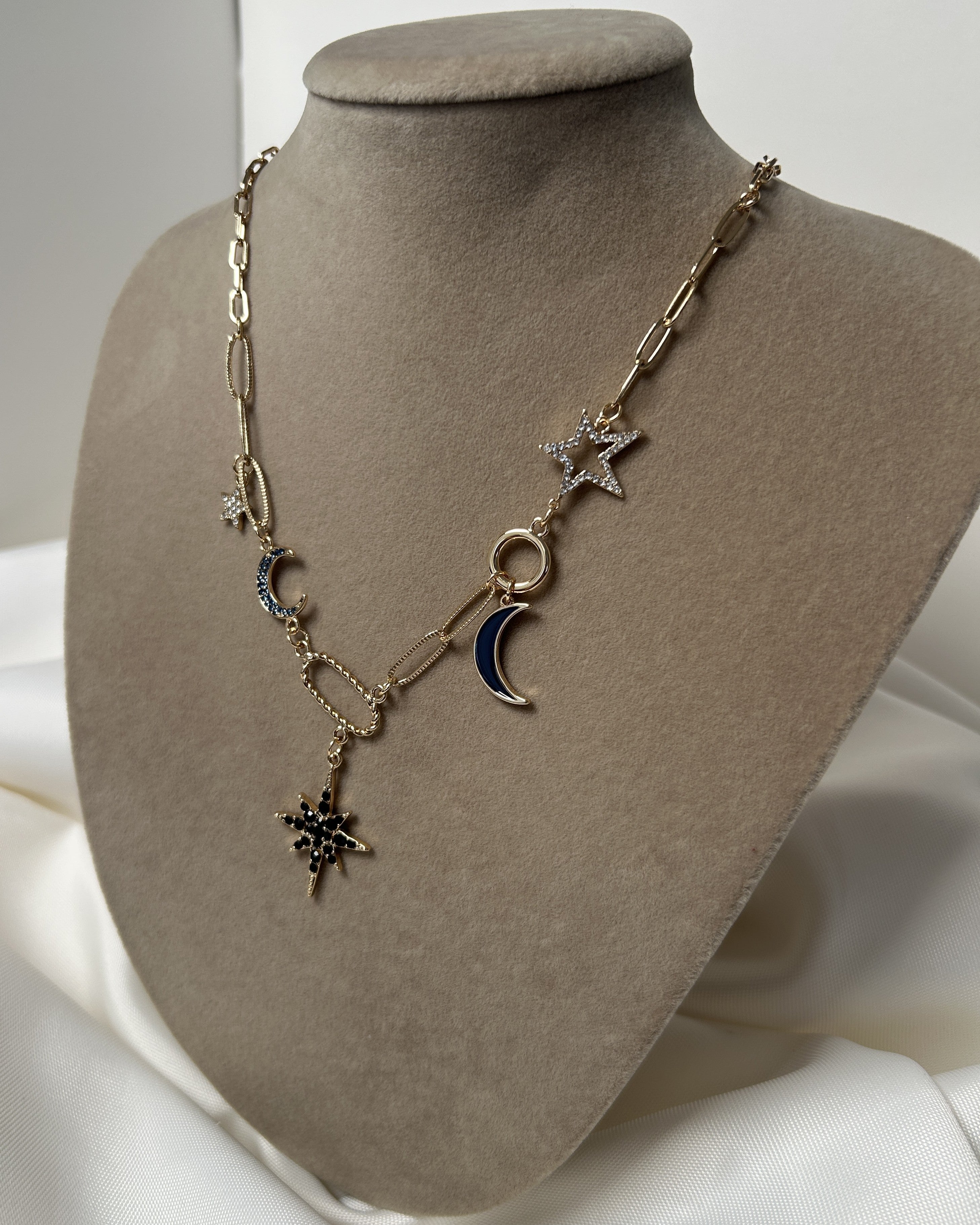 Çelik Ay Yıldız Kuzey Yıldızı Taşlı Charmlı Y Kolye