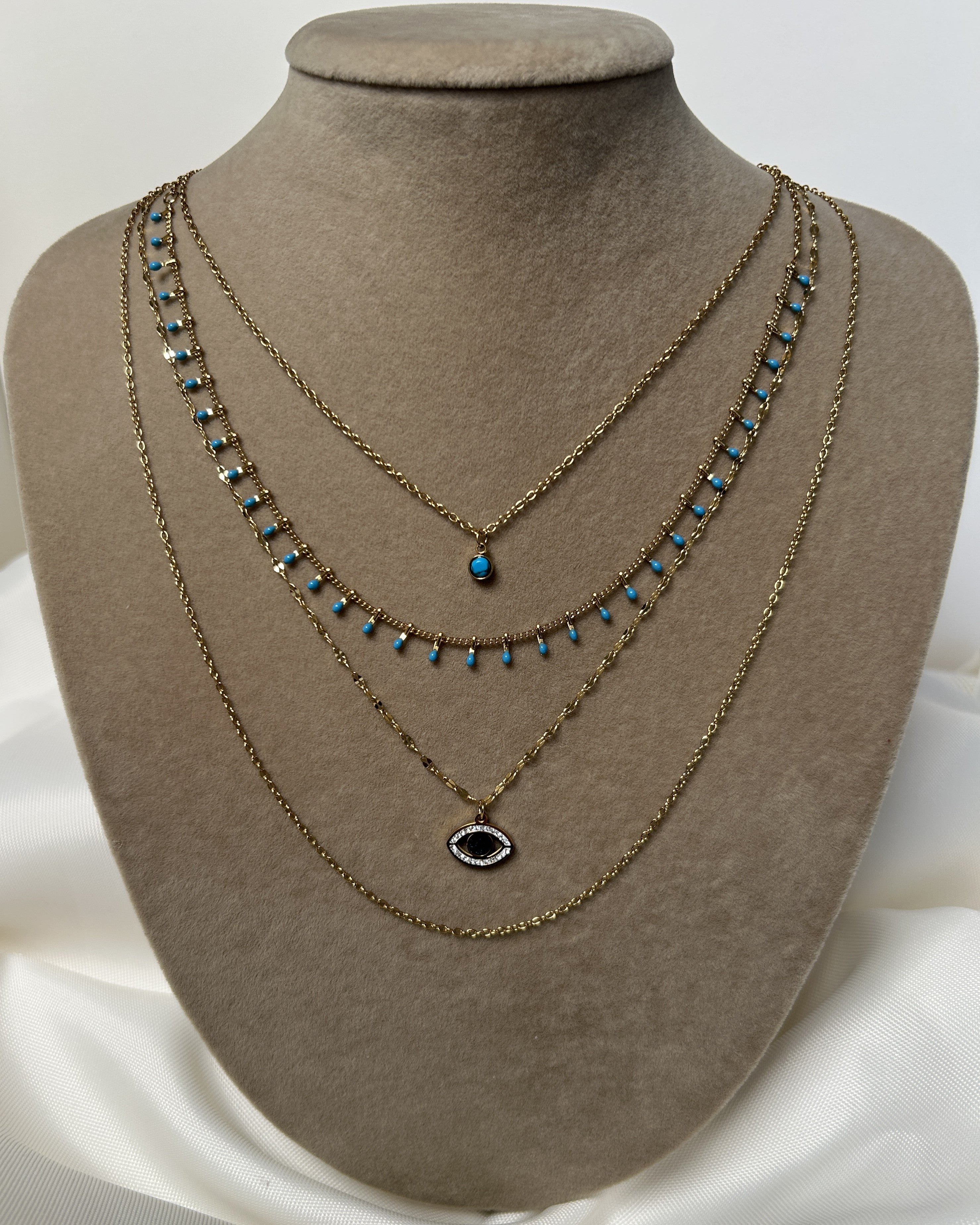 4 Zincirli Kombin Mavi Boncuklu Göz Charmlı Çelik Kolye