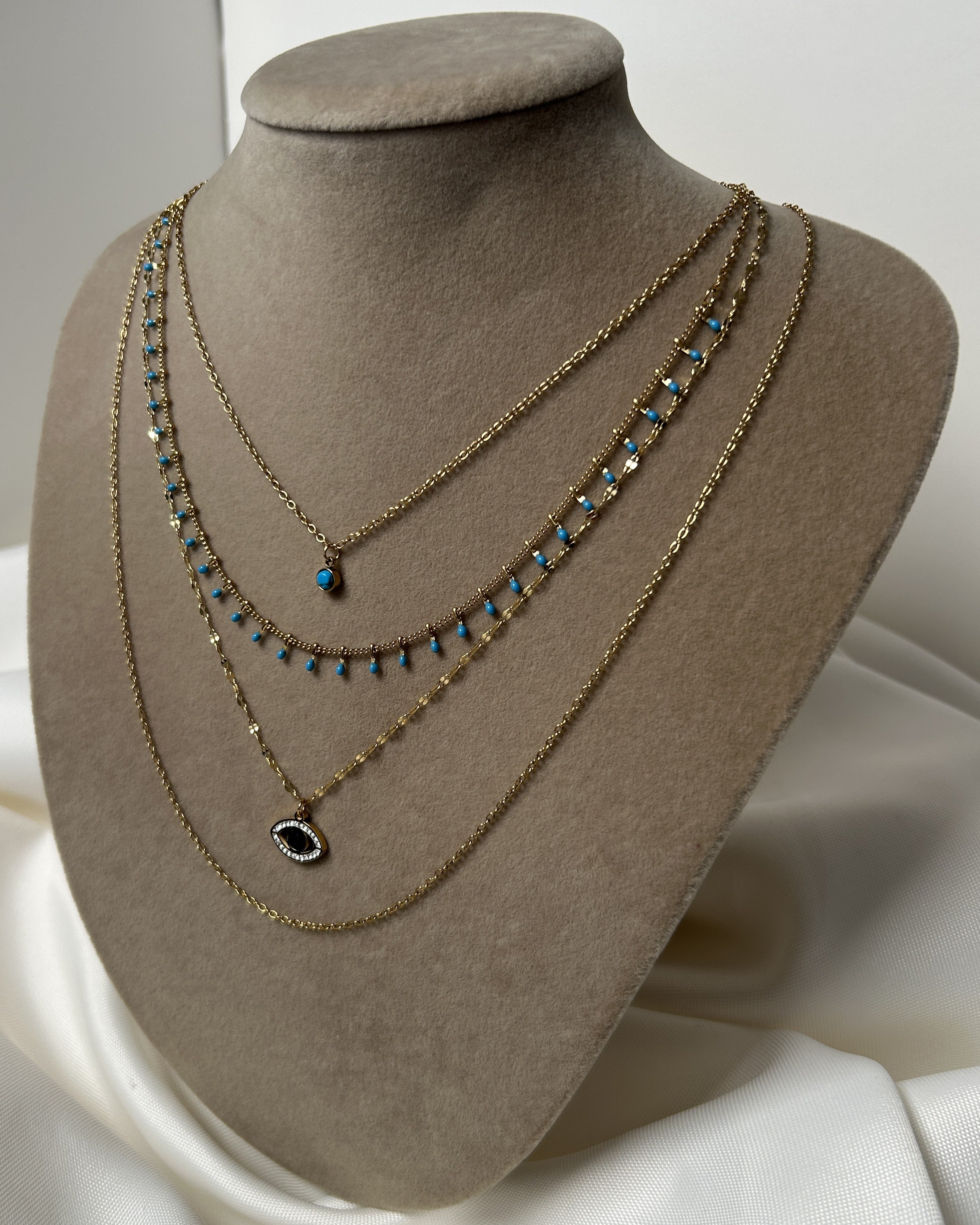 4 Zincirli Kombin Mavi Boncuklu Göz Charmlı Çelik Kolye