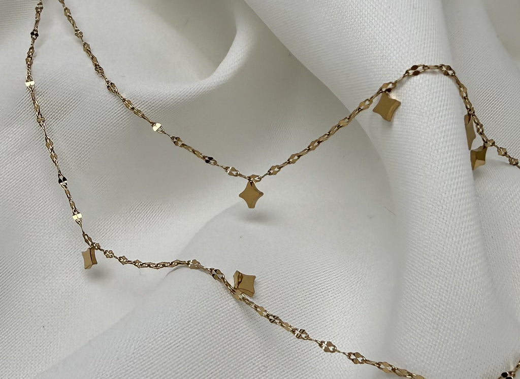 Yıldızlı Işıltılı Çift Zincir Çelik Kolye