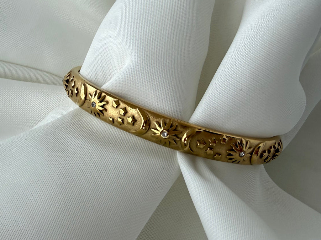 Ay Güneş Zirkon Taşlı Çelik Kelepçe Bileklik