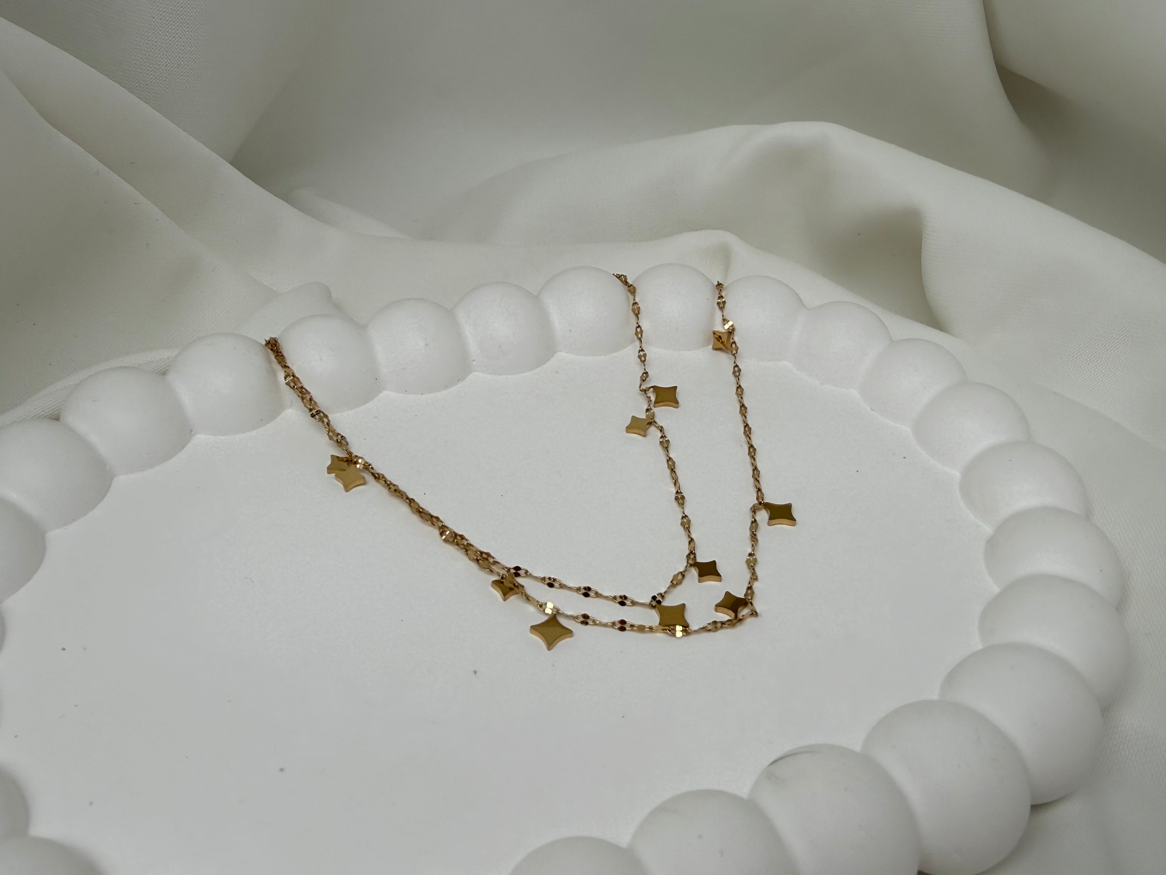 Yıldızlı Işıltılı Çift Zincir Çelik Kolye