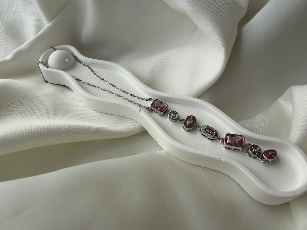 7 Element Pembe Taşlı Çelik Y Kolye