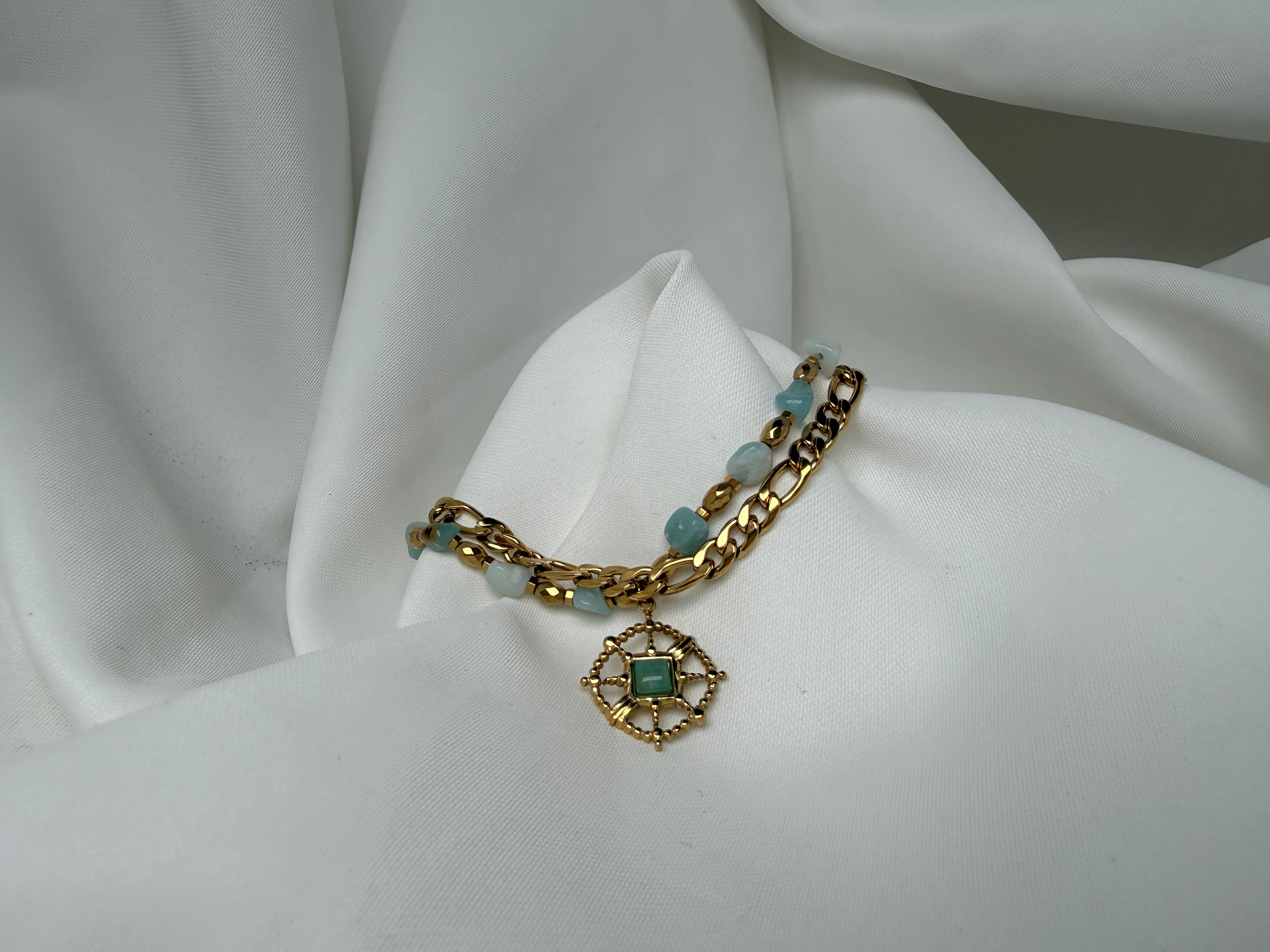 Çift Zincir Charmlı Boncuklu Çelik Bileklik