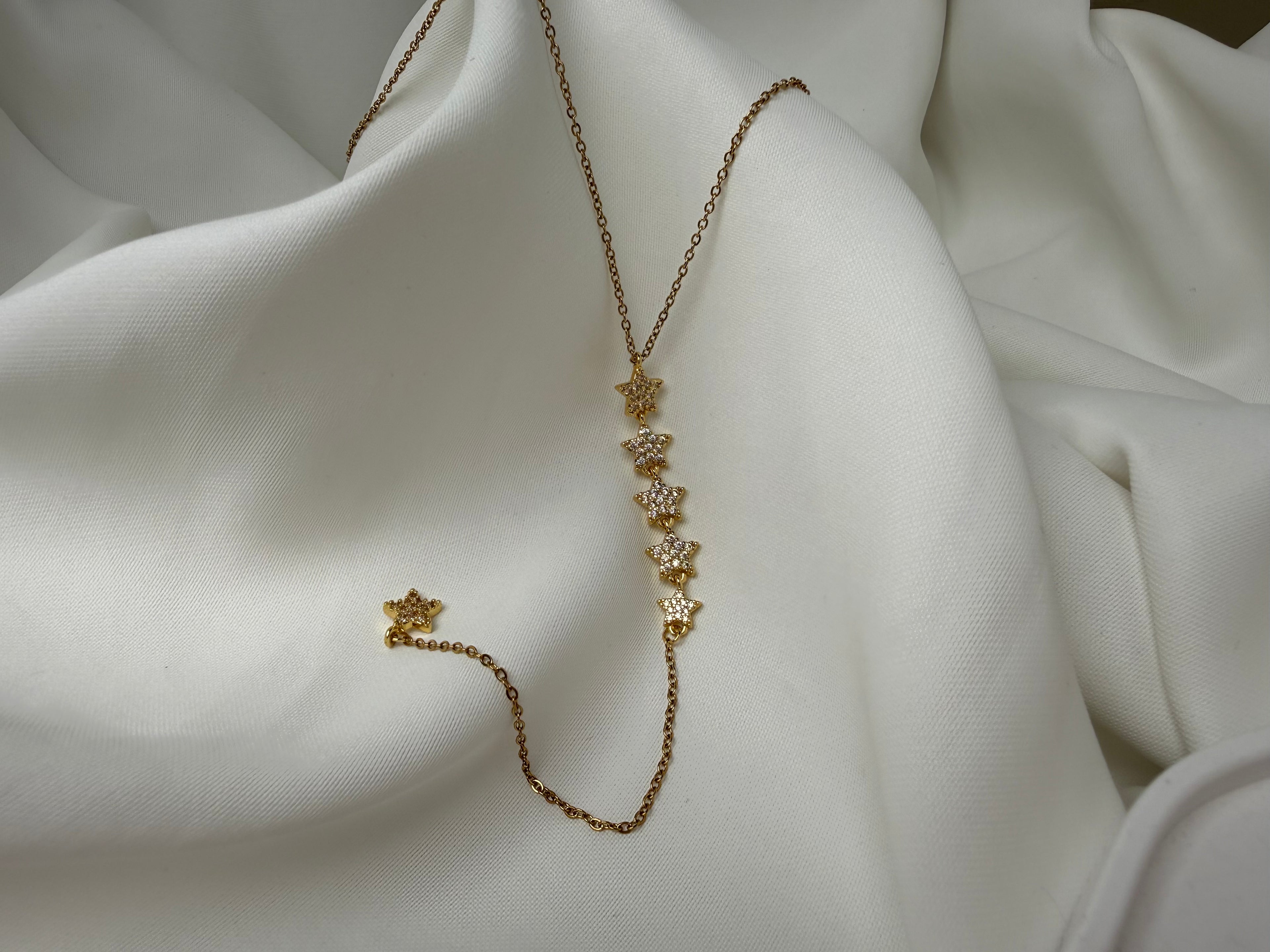 Taşlı Yıldız ve Sallantılı Yıldızlı Çelik Y Kolye