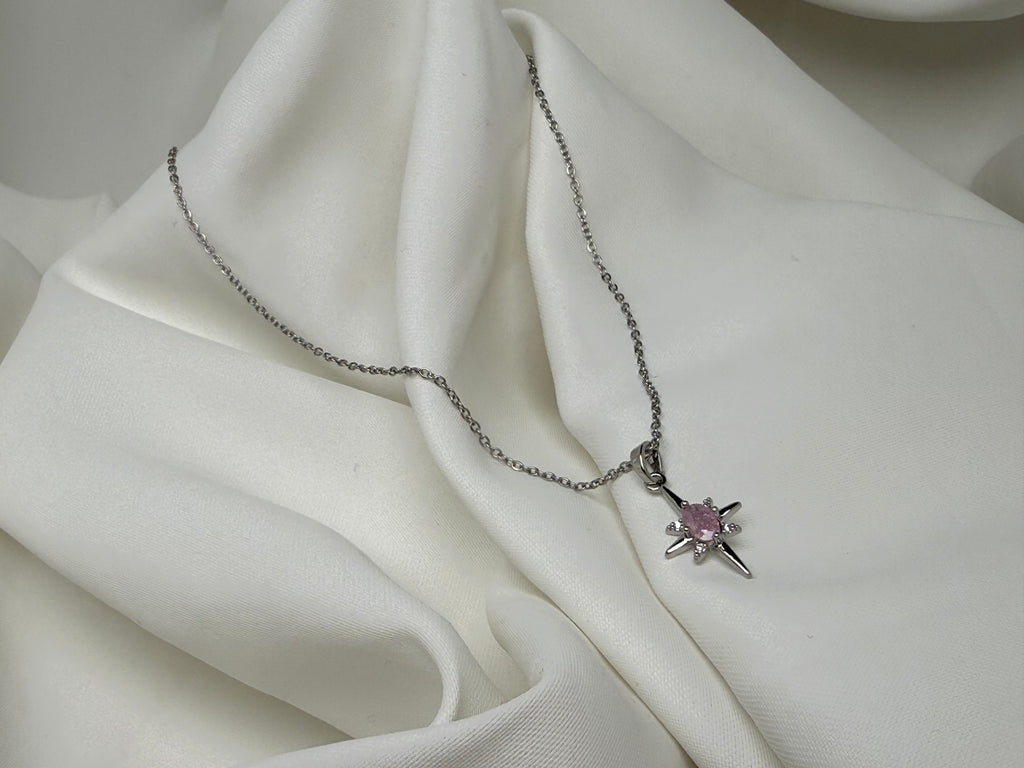 Pembe Taşlı Kuzey Yıldızı Çelik Kolye