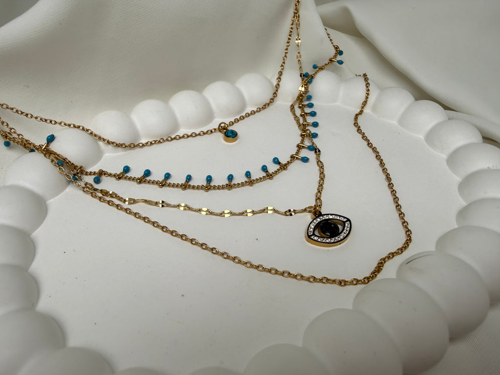 4 Zincirli Kombin Mavi Boncuklu Göz Charmlı Çelik Kolye