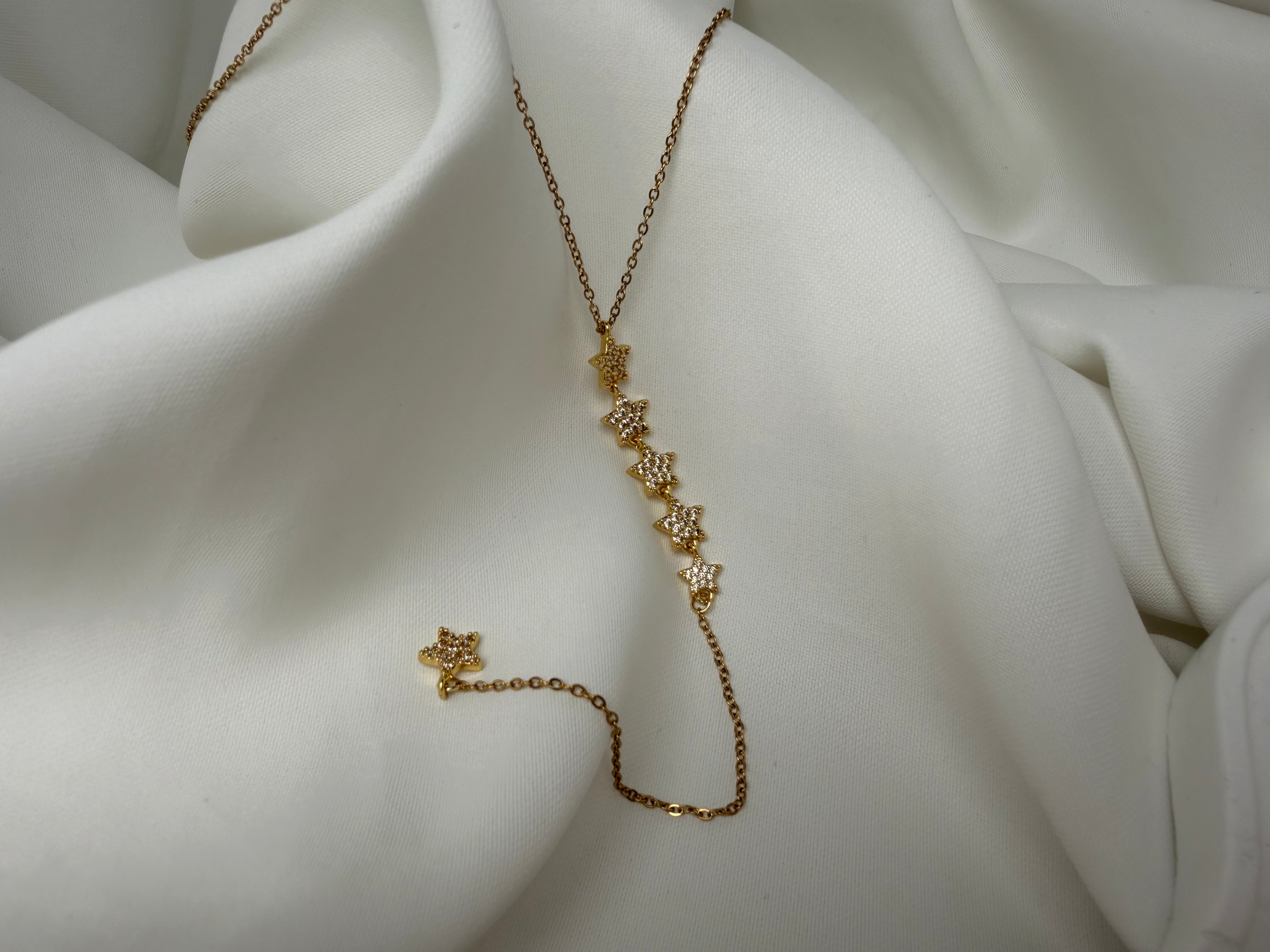 Taşlı Yıldız ve Sallantılı Yıldızlı Çelik Y Kolye