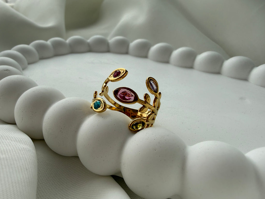 Renkli Taşlı Dallar Çelik Yüzük