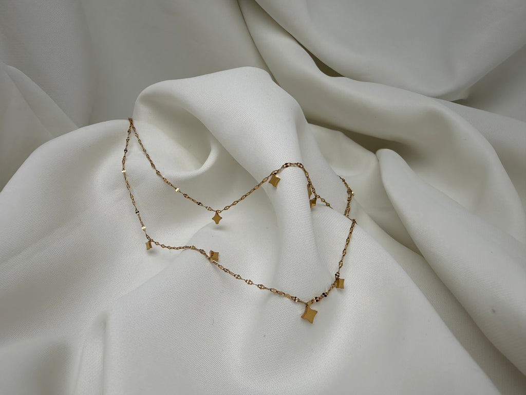 Yıldızlı Işıltılı Çift Zincir Çelik Kolye