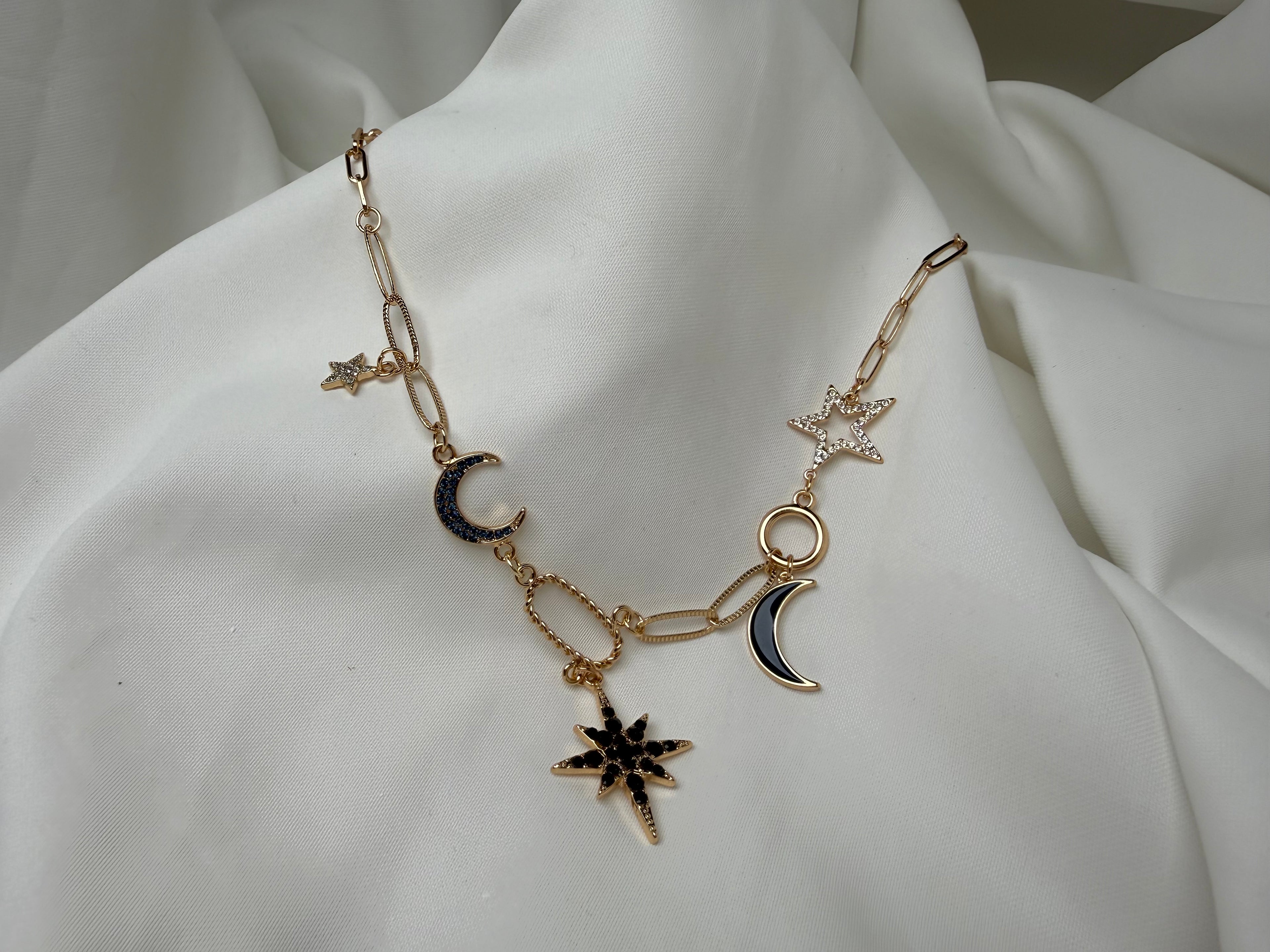 Çelik Ay Yıldız Kuzey Yıldızı Taşlı Charmlı Y Kolye