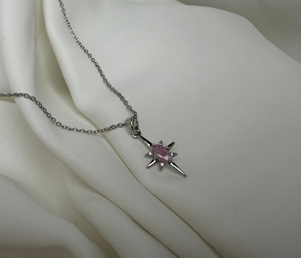 Pembe Taşlı Kuzey Yıldızı Çelik Kolye