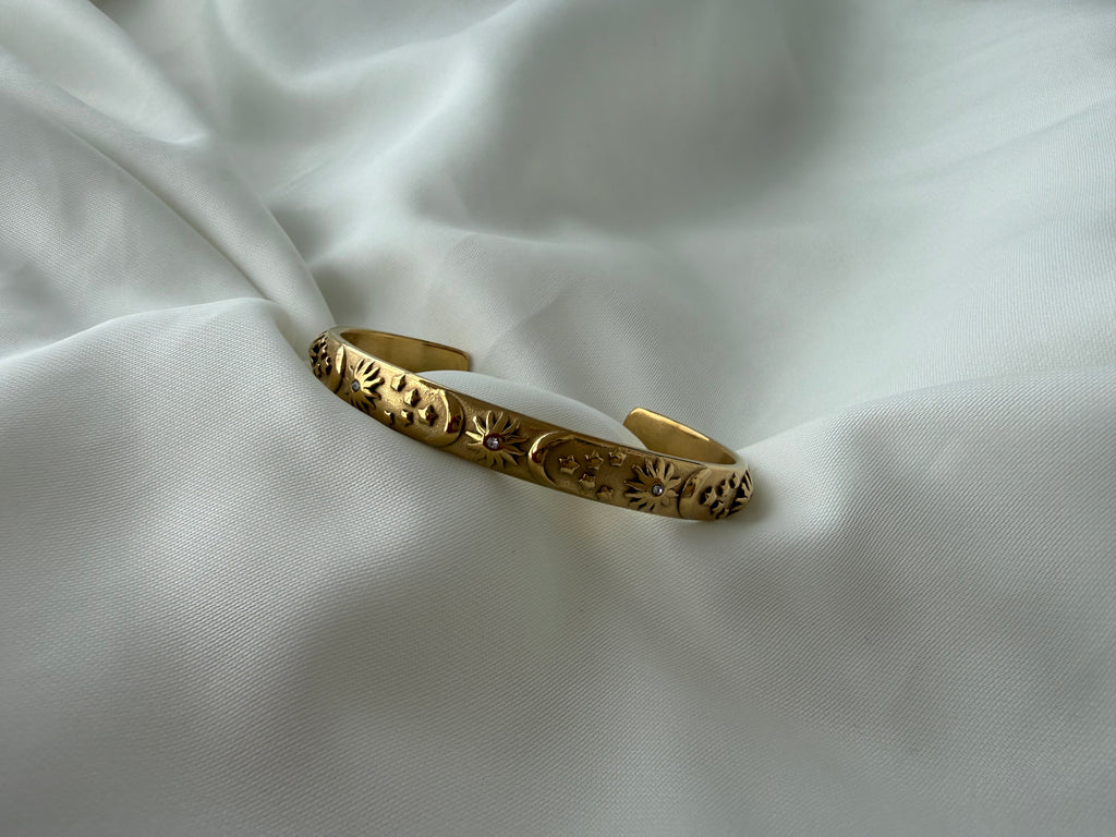 Ay Güneş Zirkon Taşlı Çelik Kelepçe Bileklik