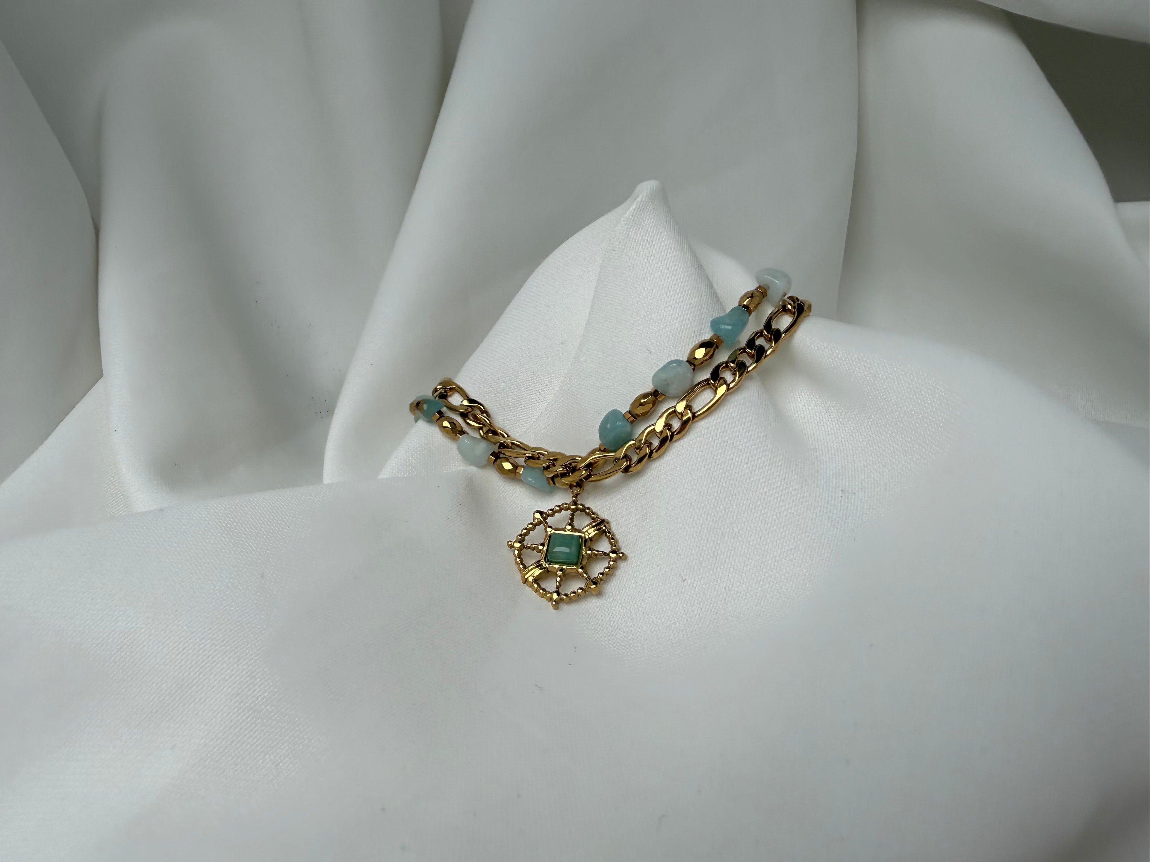 Çift Zincir Charmlı Boncuklu Çelik Bileklik