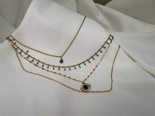 4 Zincirli Kombin Mavi Boncuklu Göz Charmlı Çelik Kolye