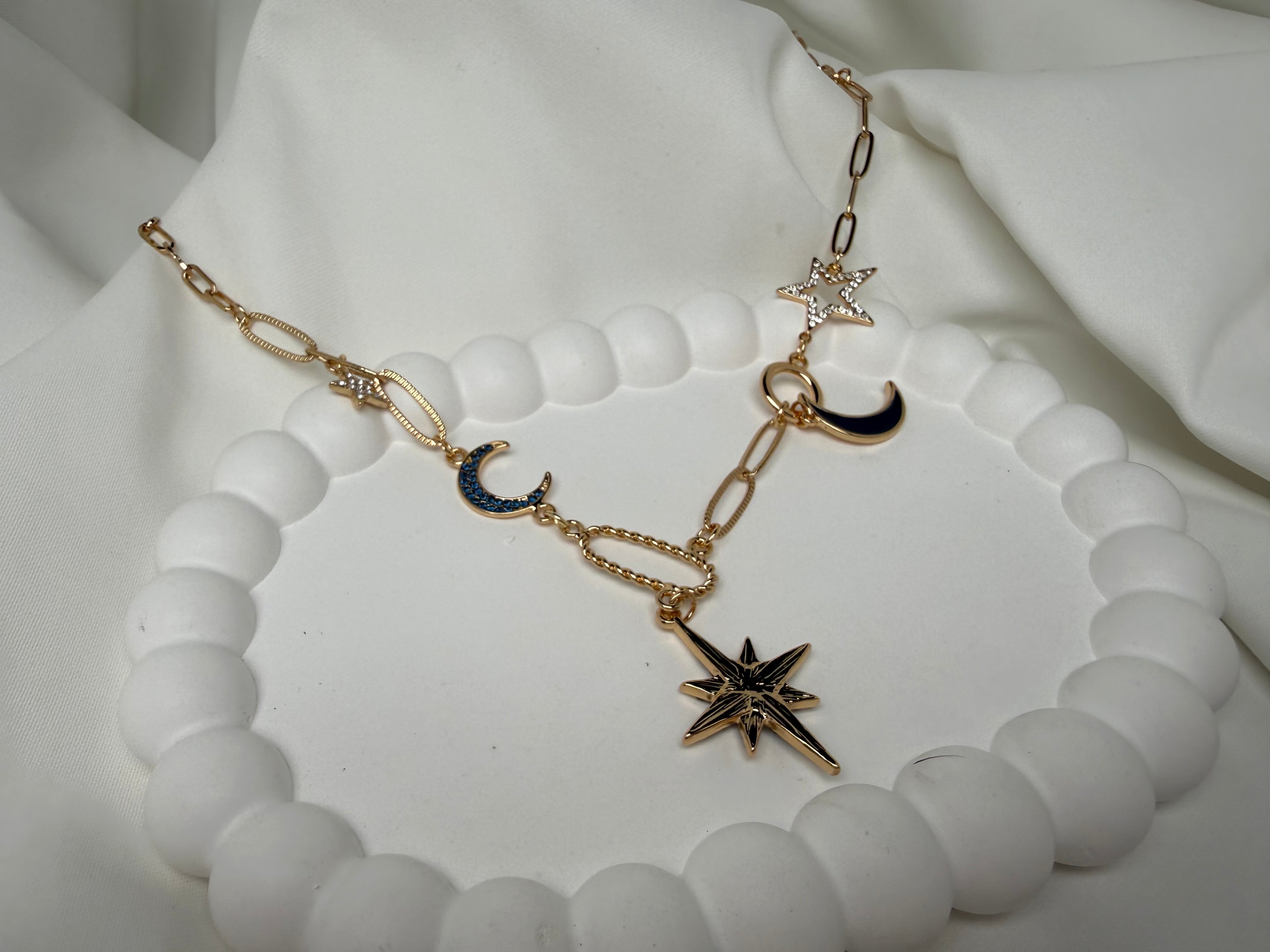 Çelik Ay Yıldız Kuzey Yıldızı Taşlı Charmlı Y Kolye