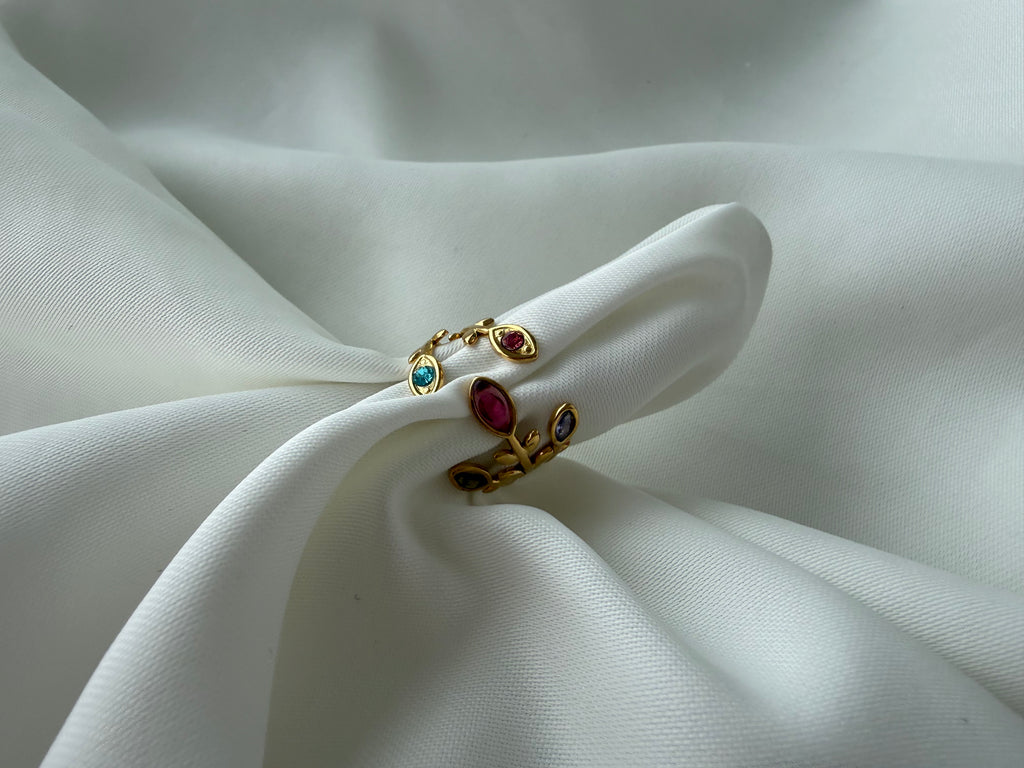 Renkli Taşlı Dallar Çelik Yüzük