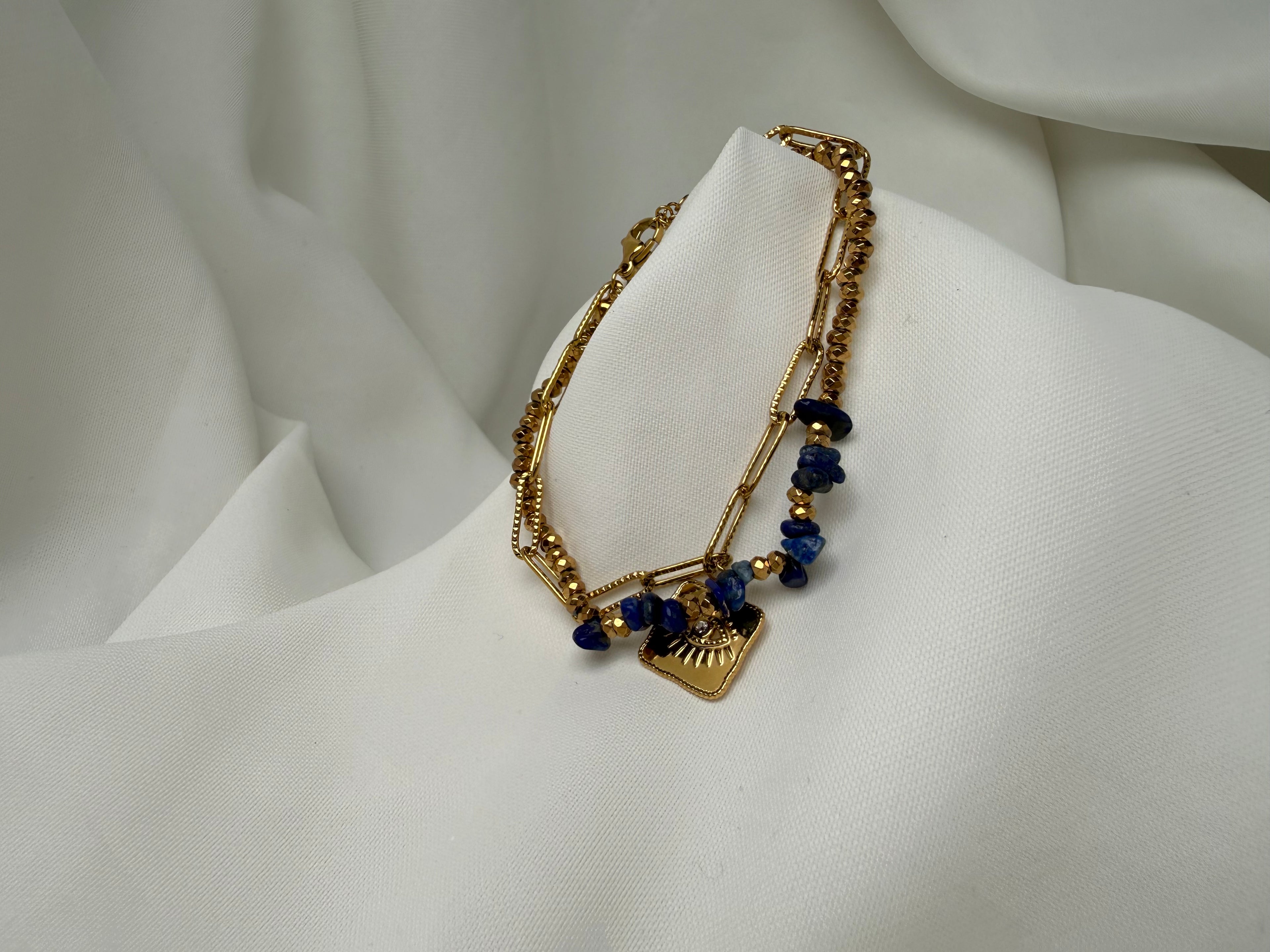 Çift Zincir Charmlı Boncuklu Çelik Bileklik