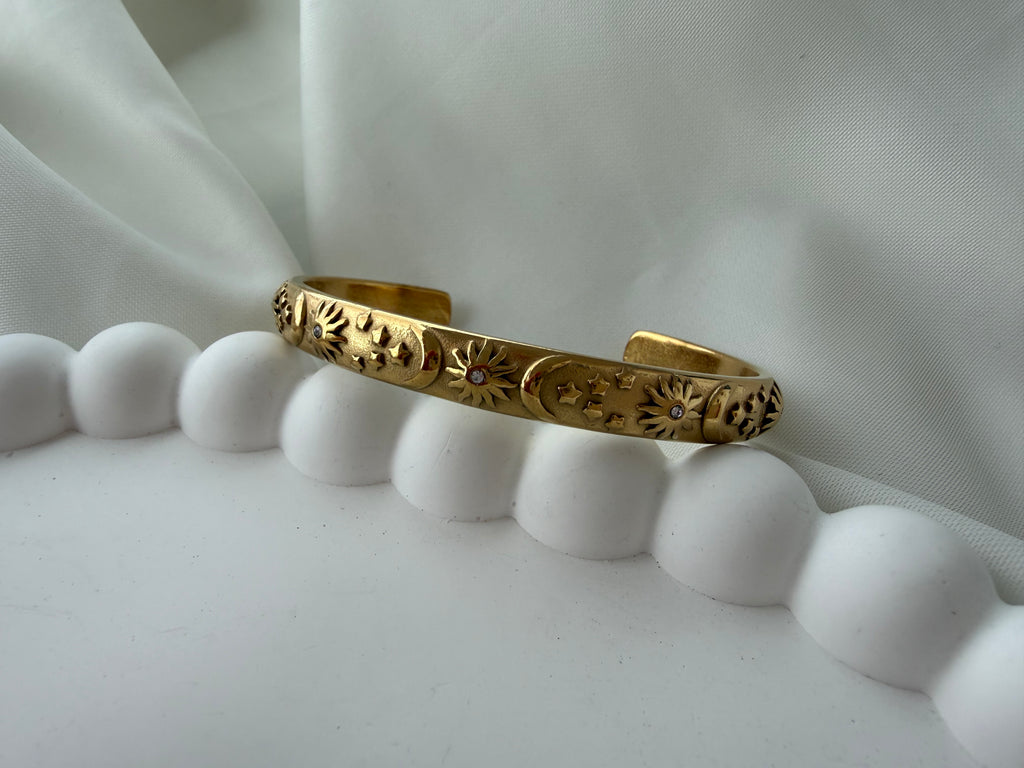 Ay Güneş Zirkon Taşlı Çelik Kelepçe Bileklik