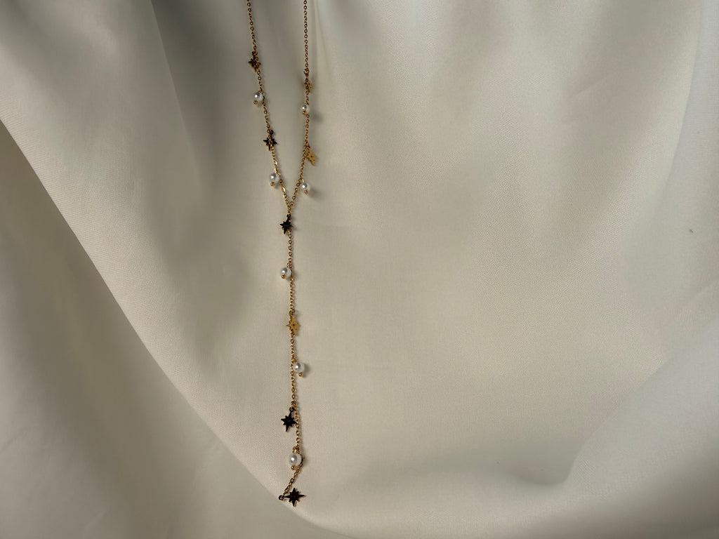 Kuzey Yıldızı ve İncili Sallantılı Çelik Y Kolye